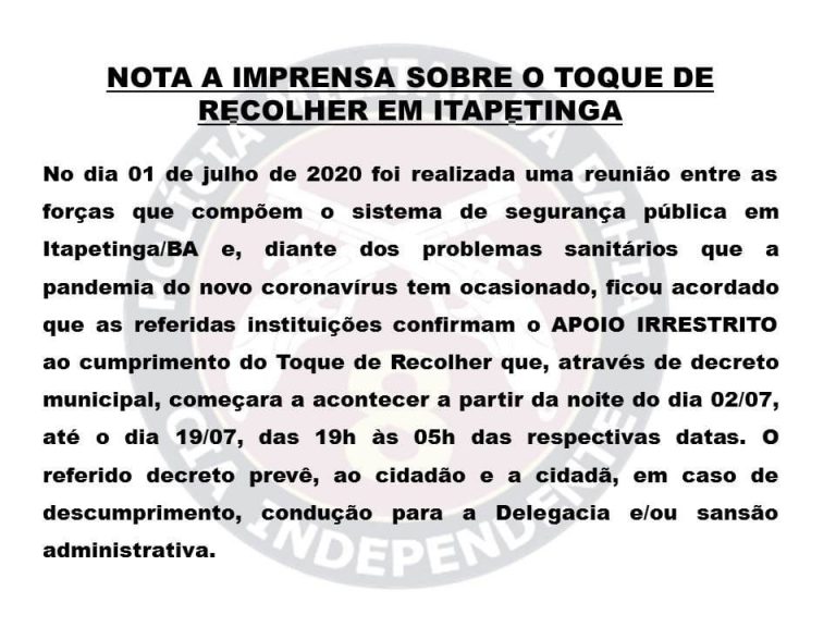 8ª Companhia Independemte de Polícia Militar (CIPM) emite nota á imprensa sobre toque de recolher no  município de Itapetinga