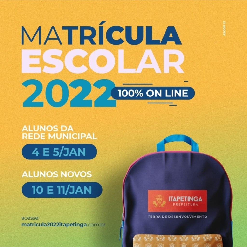 Itapetinga: Matrícula Escolar 2022 100%  Online