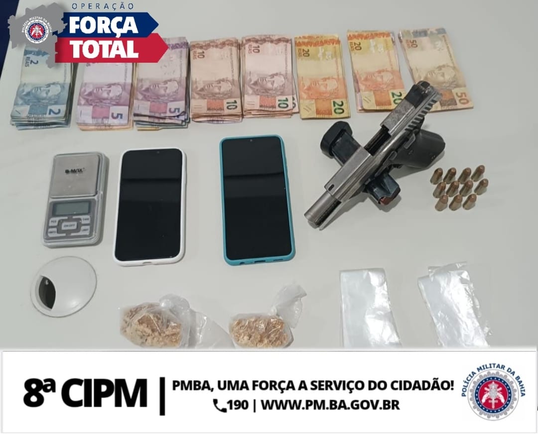 Itapetinga: Guarnição do PETO da 8ª CIPM Conduz Indivíduo por Posse Ilegal de Arma de Fogo, Tráfico de Drogas e com Mandado de Prisão em Aberto